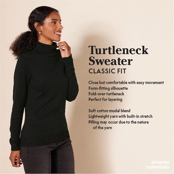 Women's Lightweight Cotton Blend Turtleneck Sweater Plus Size Black - Picture 2 of 8
